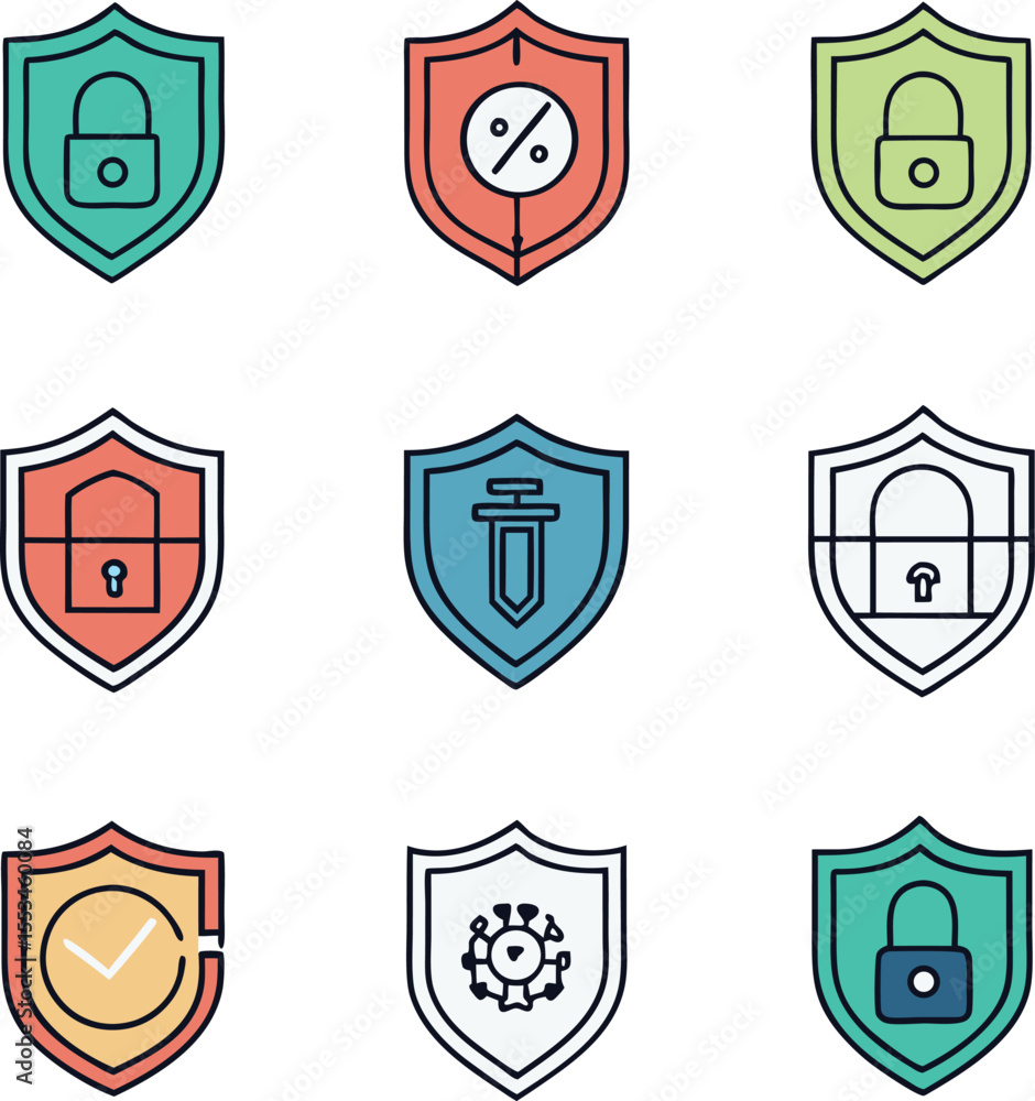 Poster collection of stylized shield icons representing various security concepts including locks checks vi