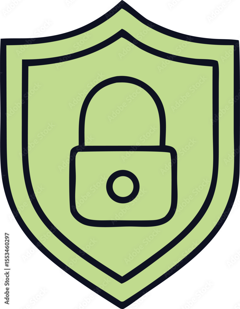 Poster a simple hand drawn style icon featuring a light green shield with a dark blue outline and a lock sy