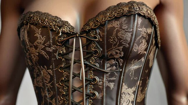  pan over a corset&rsquo;s laced bodice, revealing intricate brocade patterns, metal eyelets, and delicate stitching as warm studio light caresses every fold and texture.