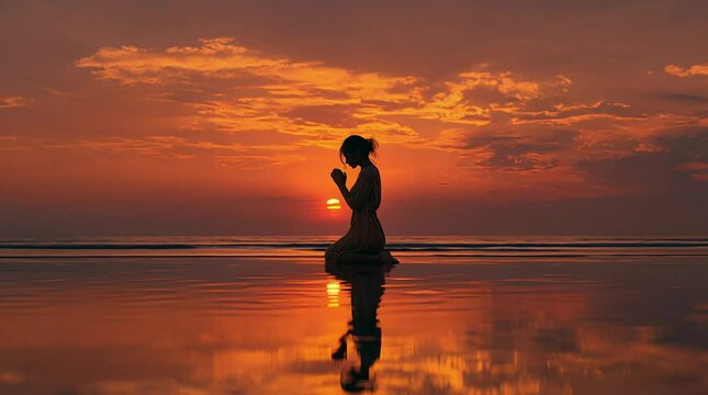 woman kneeling in shallow ocean water against a fiery orange sunset, prayerful hands clasped, as gentle waves reflect warm sky in a seamless, meditative loop.