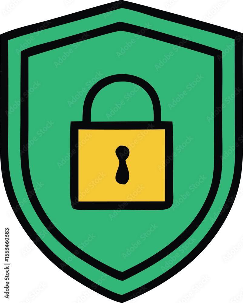 Aufkleber a stylized green shield with a yellow lock icon representing security and protection in a simple mod