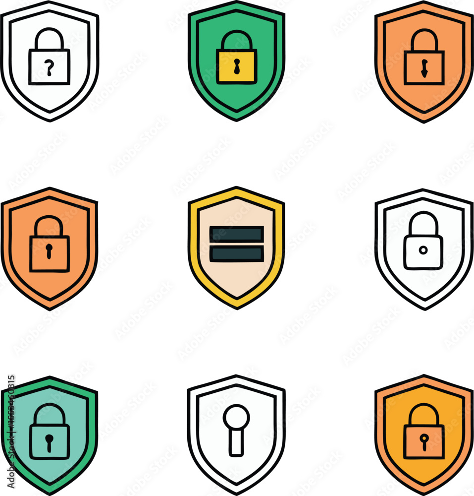 Poster collection of stylized shield icons featuring various lock symbols and color variations representing