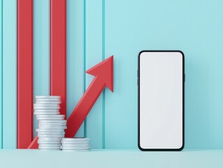 Smartphone Displaying Growth Trends with Coins and Arrow Background