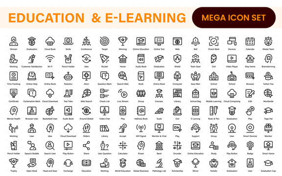 Education set of web icons in line style. Learning icons for web and mobile app. E-learning, video tutorial, knowledge, study, school, university, webinar, online education.