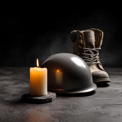Military boots and helmet with candlelight in a dark setting