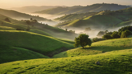 Fototapeta premium Serene Sunrise over Rolling Green Hills and Misty Valleys