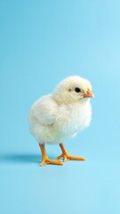 Full body portrait photo of chickling on plain blue background
