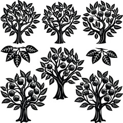 A collection of stylized black and white woodcut illustrations of fruit trees with detailed leaves and round fruits showcasing natural beauty and artistic simplicity