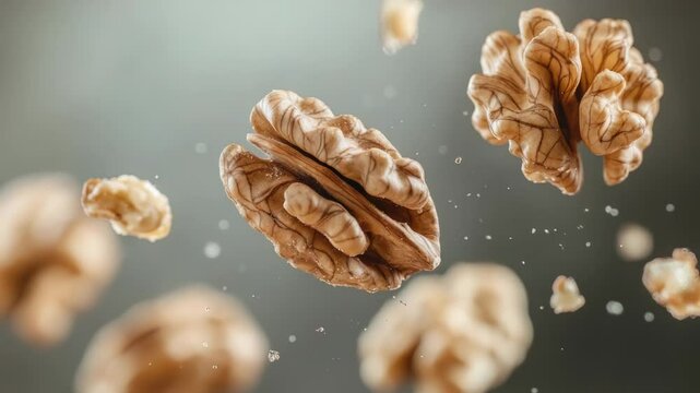 A bunch of walnuts suspended in mid-air