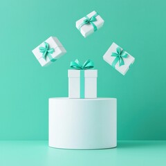 Gift Boxes with Ribbons in a Fun Floating Arrangement on Blue Background