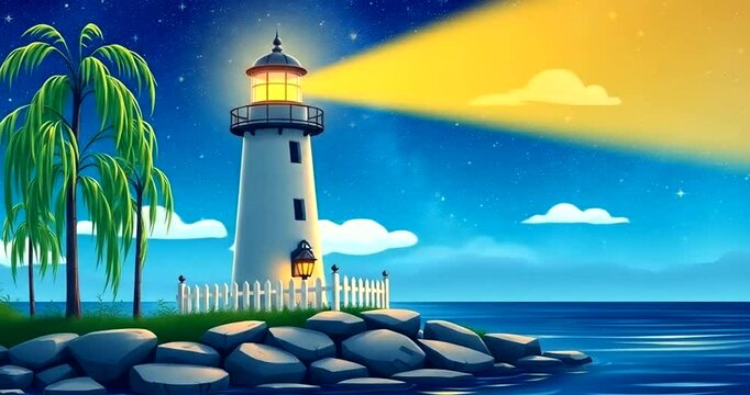 Simple cartoon lighthouse with a lantern-lit fence, willow trees, and calm sea under a starry night