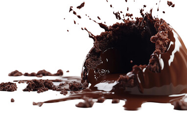 Fototapeta premium Warm chocolate lava cake broken open to expose thick molten core highlighting the indulgent texture and rich flavor of gourmet baking isolated on transparent background PNG
