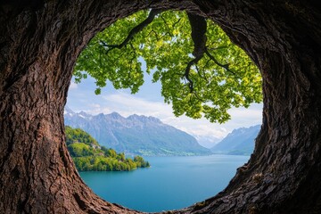 Scenic Tree Frame View of Mountain Lake Landscape Under Clear Sky