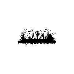 Seamless halloween silhouette panorama for background. Halloween seamless background showing creepy landscape with haunted castle, zombies