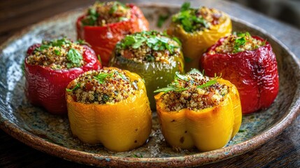 Colorful bell peppers stuffed with quinoa mixture.