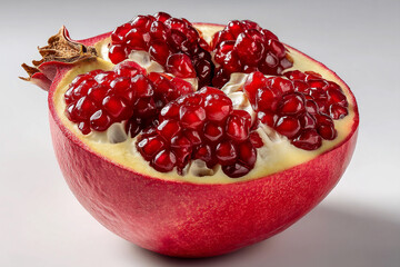Pomegranate sliced open revealing juicy red seeds