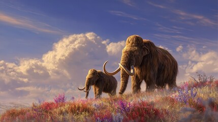 Majestic Woolly Mammoths Roaming Serene Meadow at Sunset Adult and Baby Mammoth in Wildflower Field Prehistoric Animals