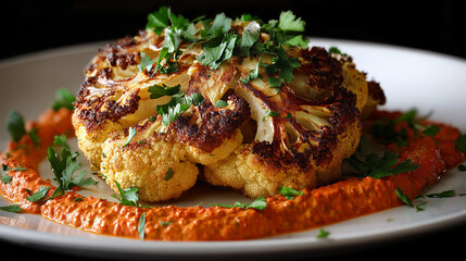 Delicious roasted cauliflower served with vibrant sauce and herbs