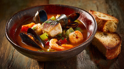 Delicious seafood stew served in a rustic bowl with bread