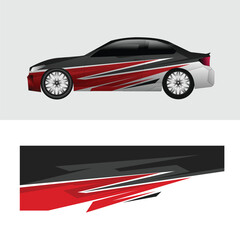 Sporty car livery decal design with modern graphic motif. Aggressive look with a combination of red, black, and gray © rina