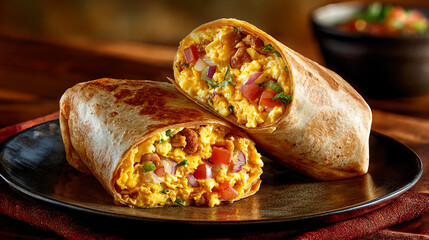 Delicious breakfast burritos served on a black plate