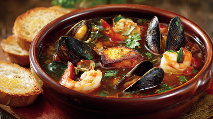 Delicious seafood stew with fresh herbs and toasted bread served hot