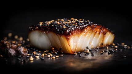 Delicious blackened fish served with sesame seeds on dark surface