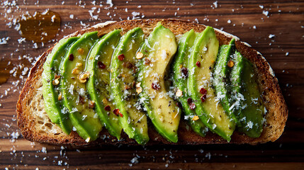 Delicious avocado toast topped with herbs and spices on wood