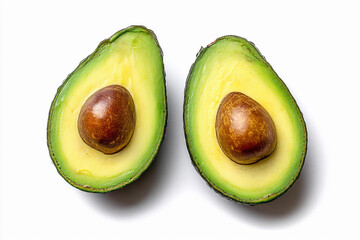 Freshly cut avocado halves displaying pit and smooth green flesh