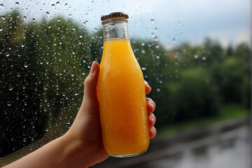 Fresh orange juice captured near a rainy window in a cozy setting