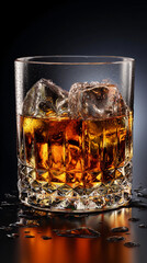 Sparkling whiskey glass with ice against a dark background