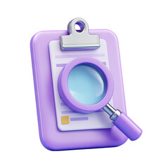 3D icon of a purple clipboard with paper and a magnifying glass.