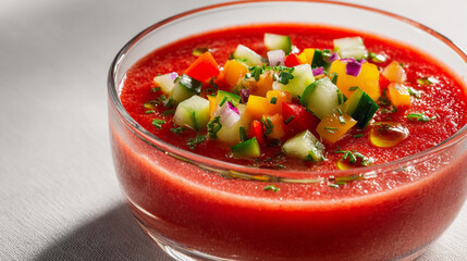 Fresh gazpacho served with colorful vegetable toppings