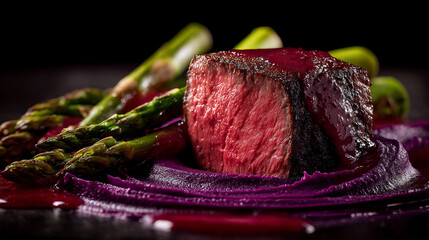 Grilled steak served with asparagus and purple puree at dinner