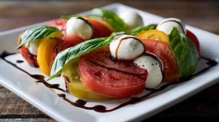 Fresh mozzarella and tomato salad presented on a white plate