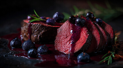Gourmet beef dish served with blueberry sauce and garnishes