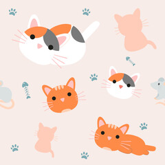Vector Cute cat seamless pattern,Cartoon Animals Background. Design for textile, fabric, wrapping, wallpaper, print. Vector illustration