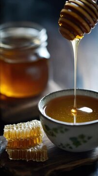 The process of making a sweet and soothing honey-infused tea, poured into the cup with honey cubes or a spoon to sweeten according to taste.