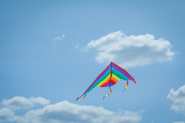 Colorful kite flying in blue sky, low angle view. Space for text