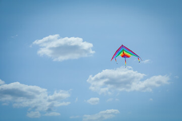 Colorful kite flying in blue sky, low angle view. Space for text