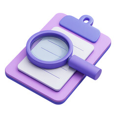 3D icon of a purple clipboard with paper and a magnifying glass.