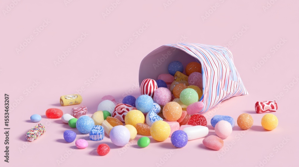 Poster a playful scene of a colorful assortment of spilling out of an open candy bag, with some candies sti