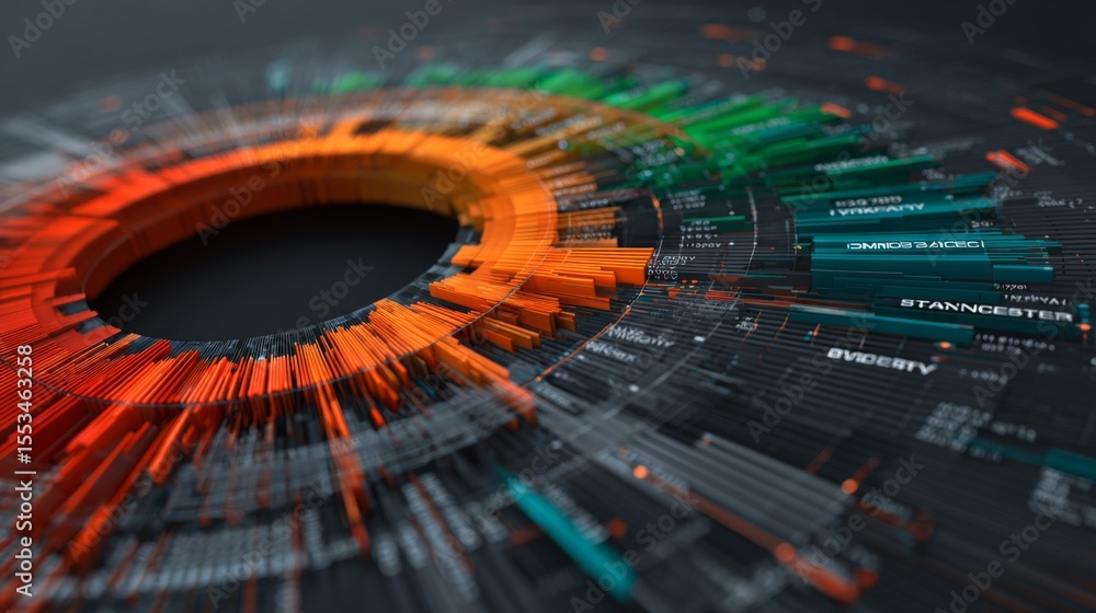 Poster a professional-looking financial graph with a radial layout, highlighting different business sectors