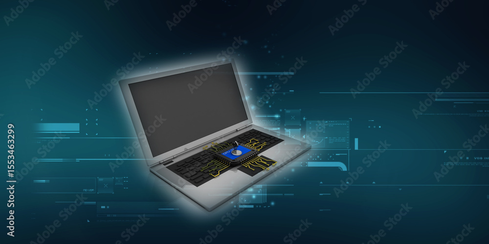 Poster 3d render laptop computer with microchips