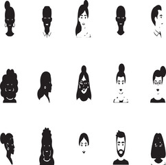Diverse group of cartoon people portraits with various hairstyles and skin tones on a white background