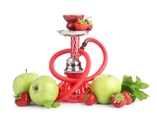 Red traditional hookah, apples, strawberries and mint isolated on white