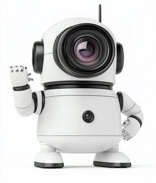 Cute Robot Character with Camera Lens and Friendly Gesture