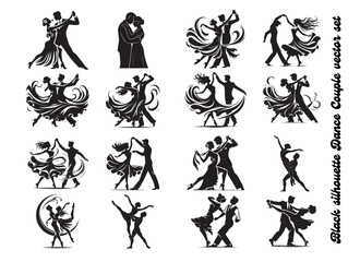 Romantic Waltz Dance Silhouette of Couple – Full Black Vector on White
