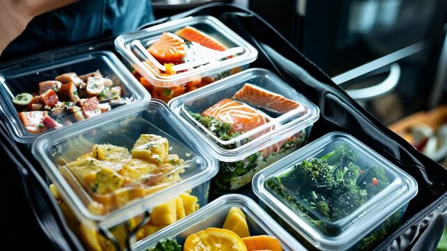 Hands opening a meal prep bag full of healthy pre cooked meals in plastic containers with salmon, broccoli and vegetables