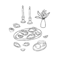 Oyster, lemon, flower, candles table setting hand drawn illustration. Food vector illustration set. Black and white minimalist drawing.